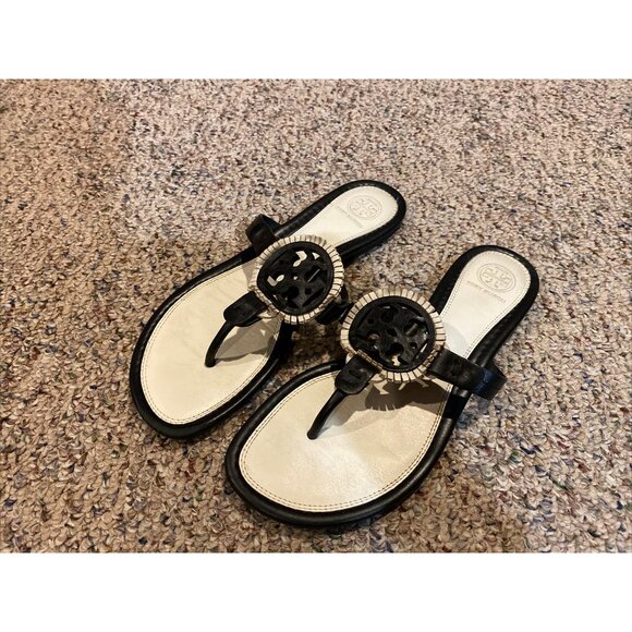 Tory Burch Miller Fringe Flip Flop Thong Sandal Black and White Size: 8M - Picture 2 of 7